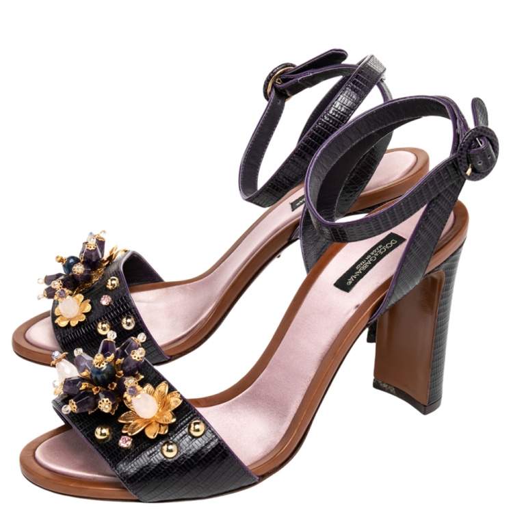 Pre Owned Dolce & Gabbana Lizard Embossed Leather Embellished Block Heel Ankle Strap Sandals Size 40