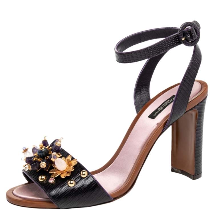 Pre Owned Dolce & Gabbana Lizard Embossed Leather Embellished Block Heel Ankle Strap Sandals Size 40