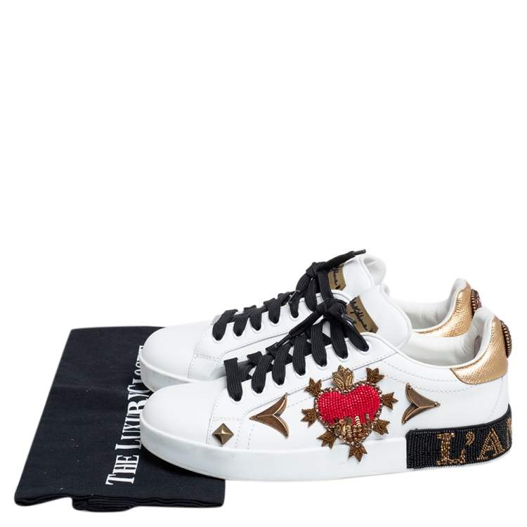 Pre Owned Dolce & Gabbana White Leather Portofino Heart Bellezza Low Top Sneakers Size 38