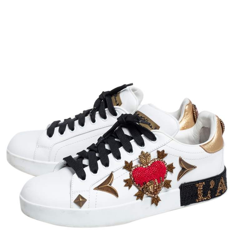 Pre Owned Dolce & Gabbana White Leather Portofino Heart Bellezza Low Top Sneakers Size 38