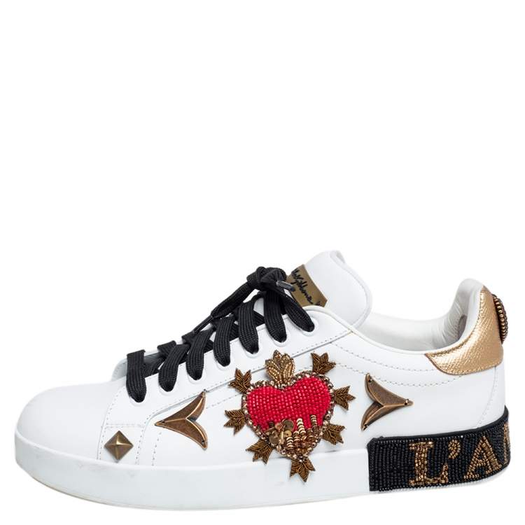 Pre Owned Dolce & Gabbana White Leather Portofino Heart Bellezza Low Top Sneakers Size 38