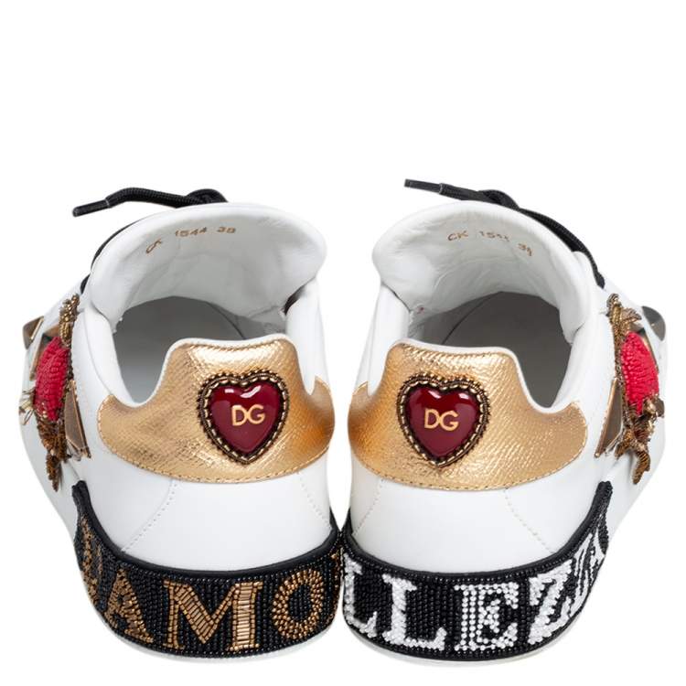 Pre Owned Dolce & Gabbana White Leather Portofino Heart Bellezza Low Top Sneakers Size 38