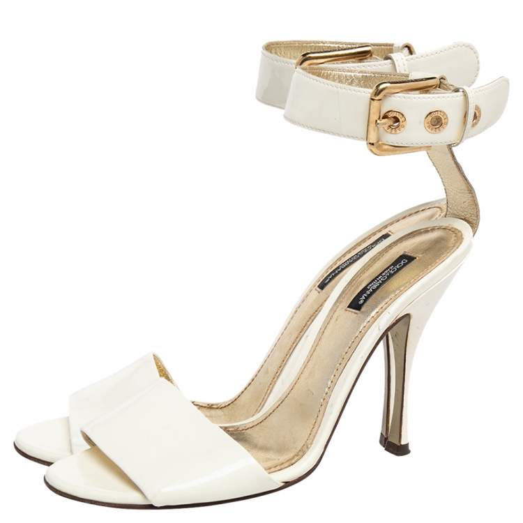 Pre Owned Dolce & Gabbana White Patent Leather Ankle Strap Sandals Size 39