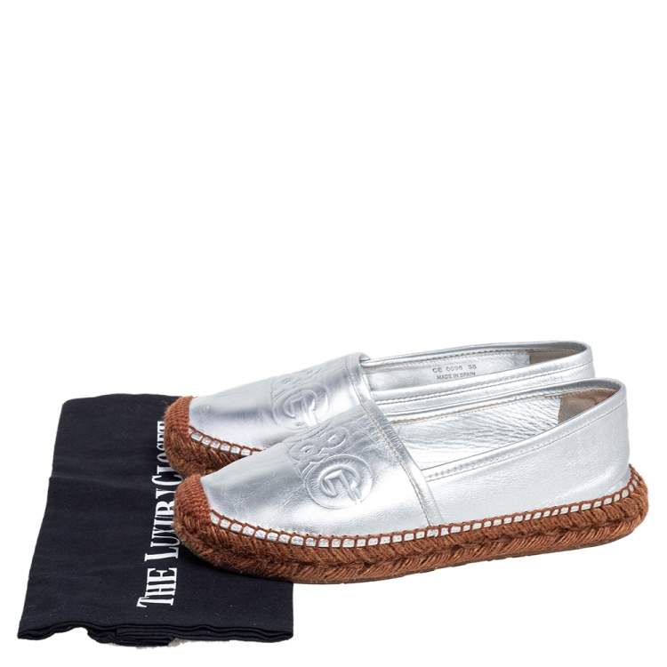 Pre Owned Dolce & Gabbana Silver Leather Logo Embossed Espadrille Flats Size 38