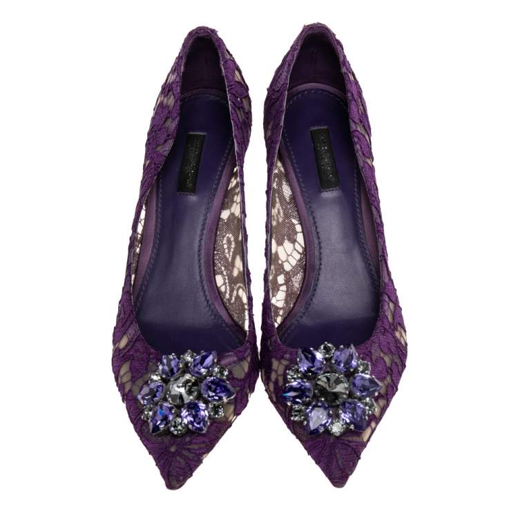 Pre Owned Dolce & Gabbana Purple Lace Bellucci Crystal Embellished Pointed Toe Pumps Size 39.5