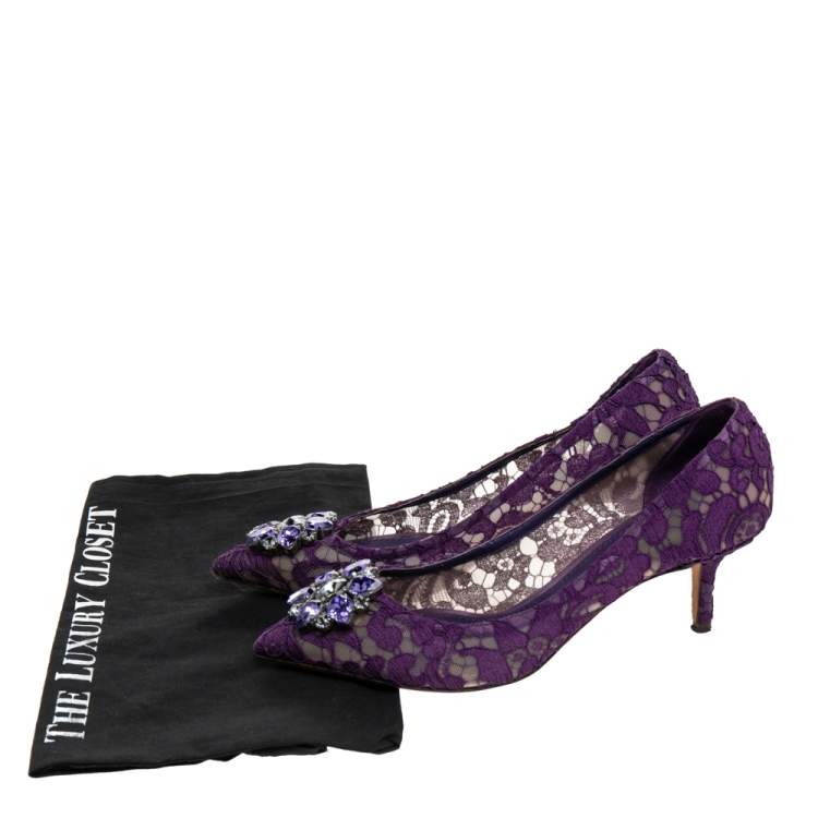 Pre Owned Dolce & Gabbana Purple Lace Bellucci Crystal Embellished Pointed Toe Pumps Size 39.5