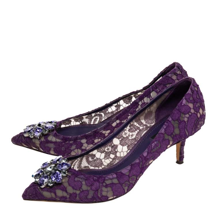 Pre Owned Dolce & Gabbana Purple Lace Bellucci Crystal Embellished Pointed Toe Pumps Size 39.5