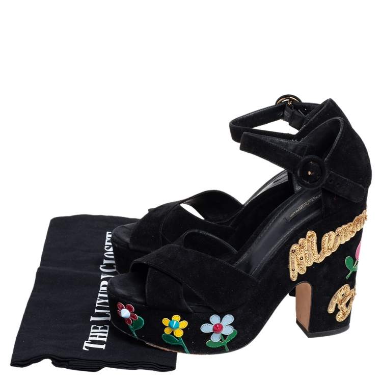 Pre Owned Dolce & Gabbana Black Suede Embellished Block Heel Platform Sandals Size 39