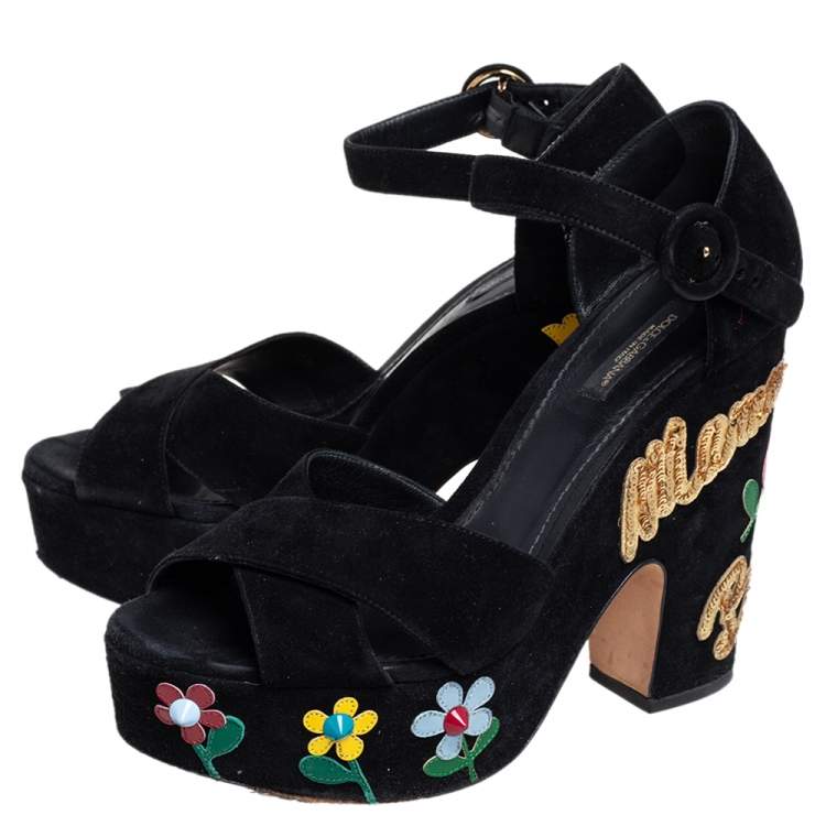 Pre Owned Dolce & Gabbana Black Suede Embellished Block Heel Platform Sandals Size 39