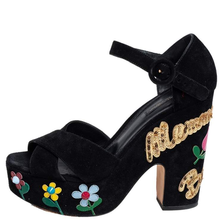 Pre Owned Dolce & Gabbana Black Suede Embellished Block Heel Platform Sandals Size 39