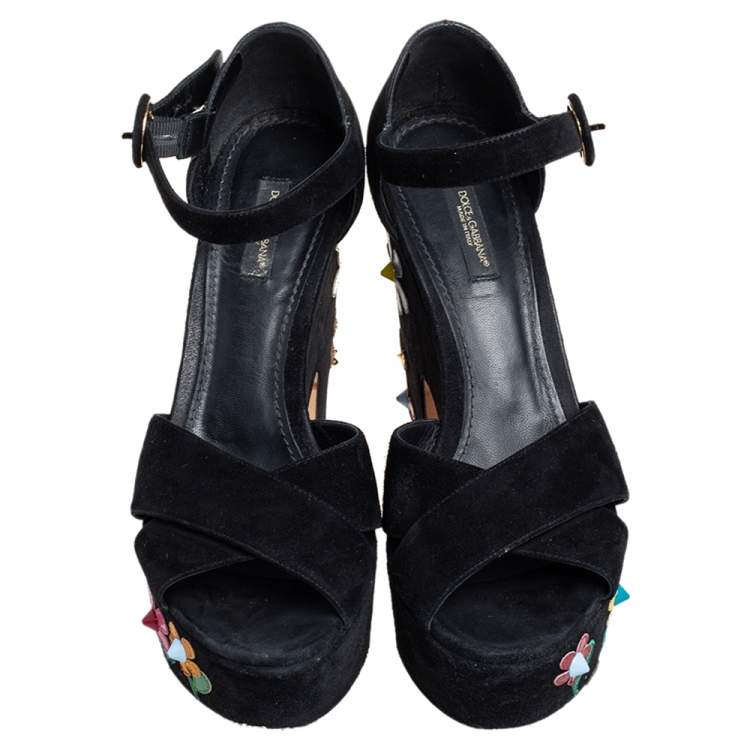 Pre Owned Dolce & Gabbana Black Suede Embellished Block Heel Platform Sandals Size 39