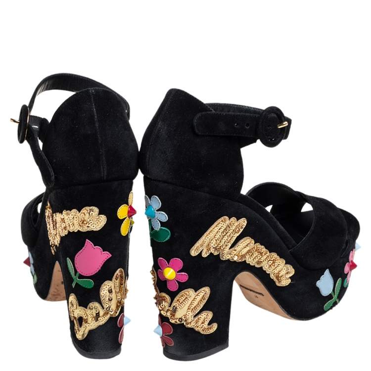 Pre Owned Dolce & Gabbana Black Suede Embellished Block Heel Platform Sandals Size 39