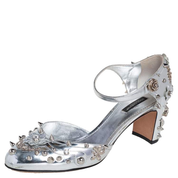 Pre Owned Dolce & Gabbana Silver Metallic Leather Floral Applique, Spike And Crystal Embellished Mary Jane Pumps Size 40