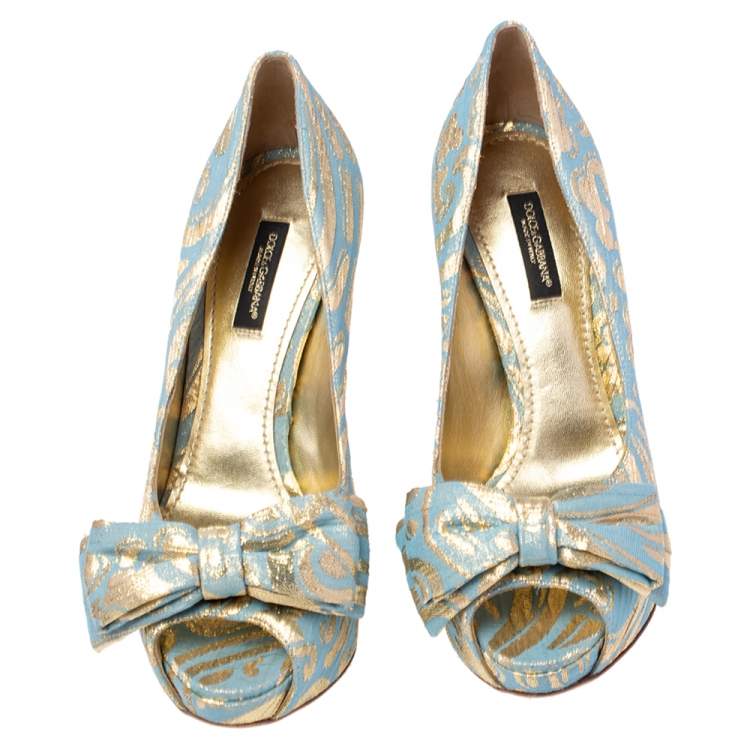 Pre Owned Dolce & Gabbana Brocade Fabric Bow Peep Toe Platform Pumps Size 36