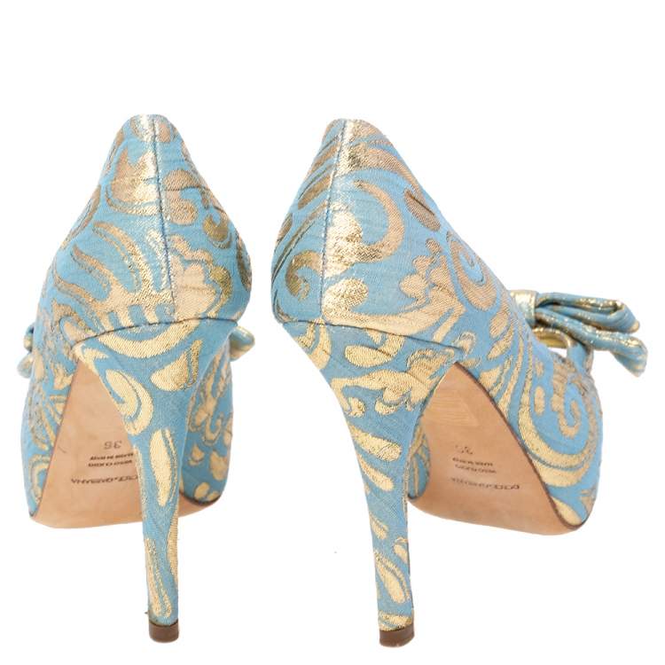 Pre Owned Dolce & Gabbana Brocade Fabric Bow Peep Toe Platform Pumps Size 36