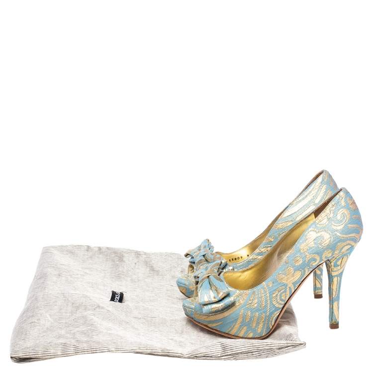 Pre Owned Dolce & Gabbana Brocade Fabric Bow Peep Toe Platform Pumps Size 36