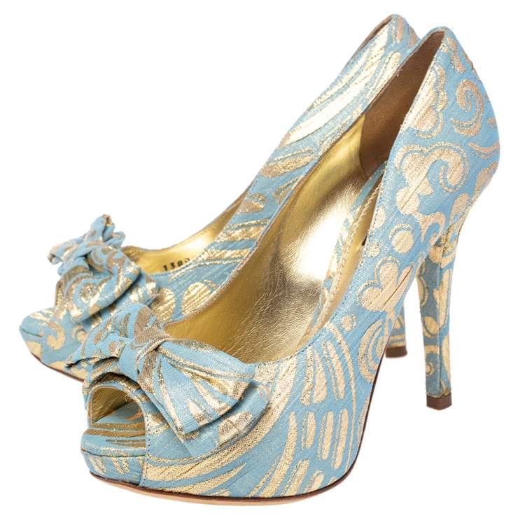 Pre Owned Dolce & Gabbana Brocade Fabric Bow Peep Toe Platform Pumps Size 36