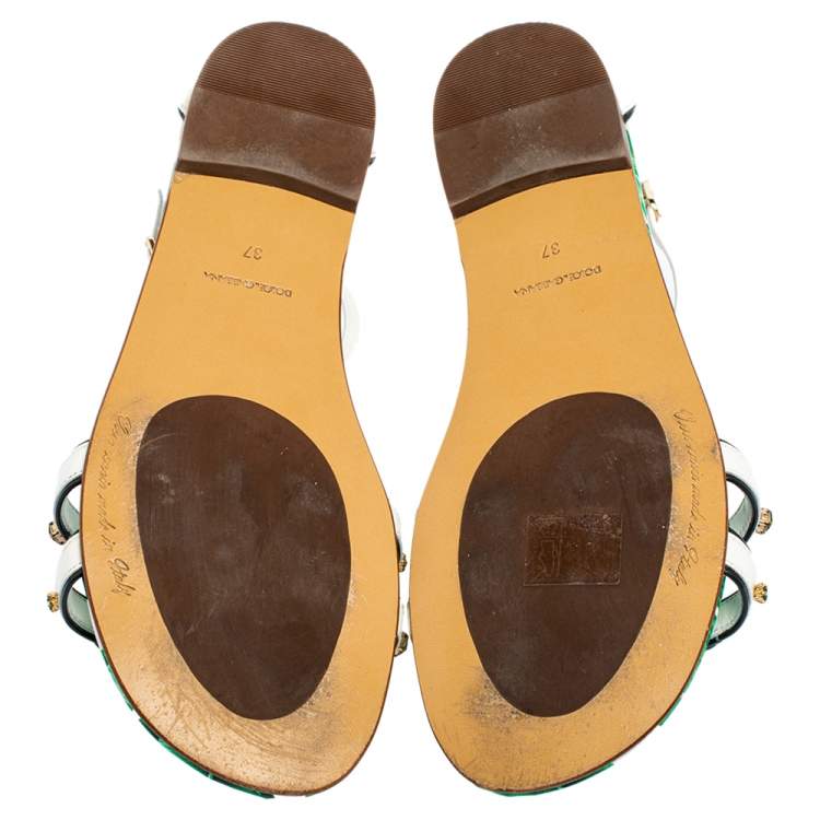 Pre Owned Dolce & Gabbana Green/White Patent Leather And Banana Leaf-Print Embellished Flat Ankle Strap Sandals Size 37