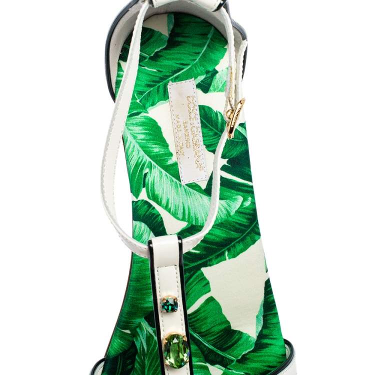 Pre Owned Dolce & Gabbana Green/White Patent Leather And Banana Leaf-Print Embellished Flat Ankle Strap Sandals Size 37