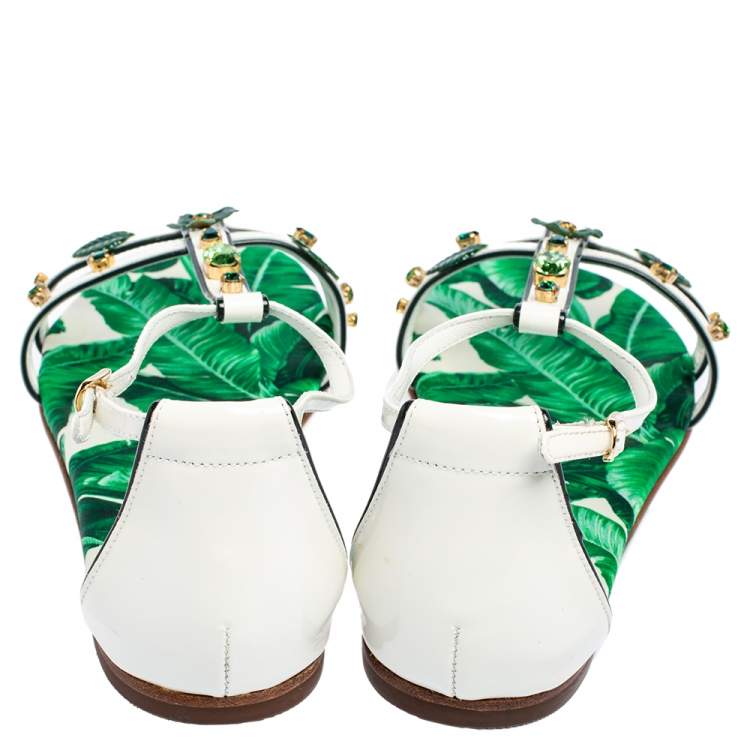 Pre Owned Dolce & Gabbana Green/White Patent Leather And Banana Leaf-Print Embellished Flat Ankle Strap Sandals Size 37