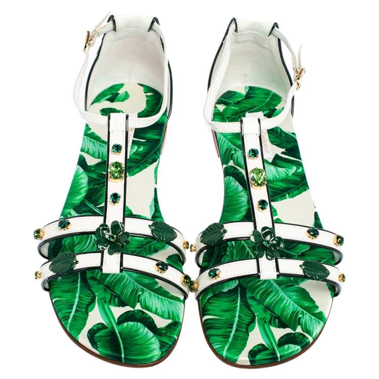 Pre Owned Dolce & Gabbana Green/White Patent Leather And Banana Leaf-Print Embellished Flat Ankle Strap Sandals Size 37