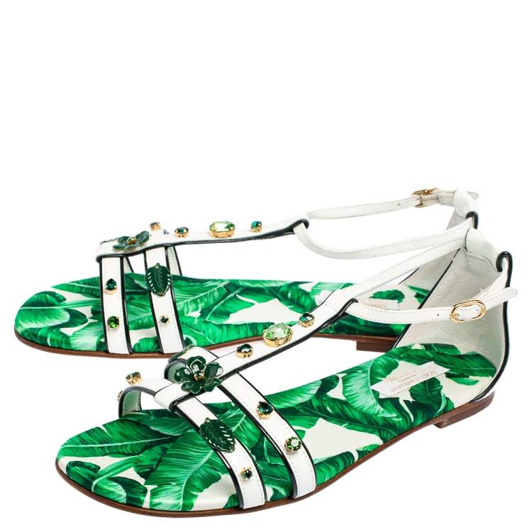 Pre Owned Dolce & Gabbana Green/White Patent Leather And Banana Leaf-Print Embellished Flat Ankle Strap Sandals Size 37