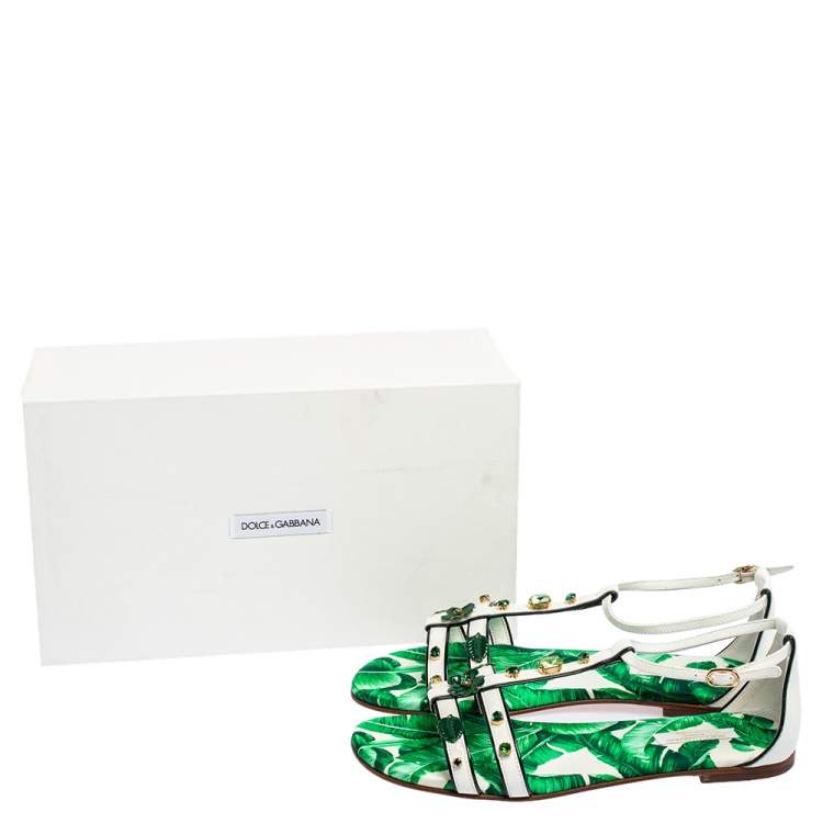 Pre Owned Dolce & Gabbana Green/White Patent Leather And Banana Leaf-Print Embellished Flat Ankle Strap Sandals Size 37
