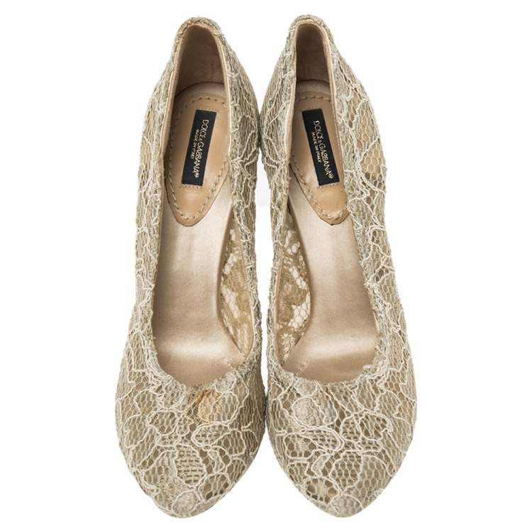 Pre Owned Dolce & Gabbana Beige Lace Round Toe Pumps Size 37.5
