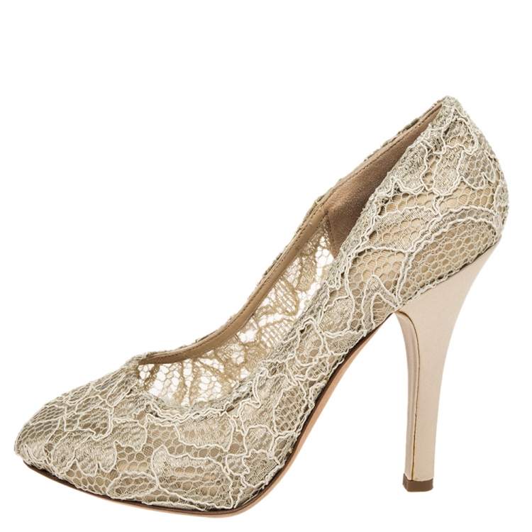 Pre Owned Dolce & Gabbana Beige Lace Round Toe Pumps Size 37.5