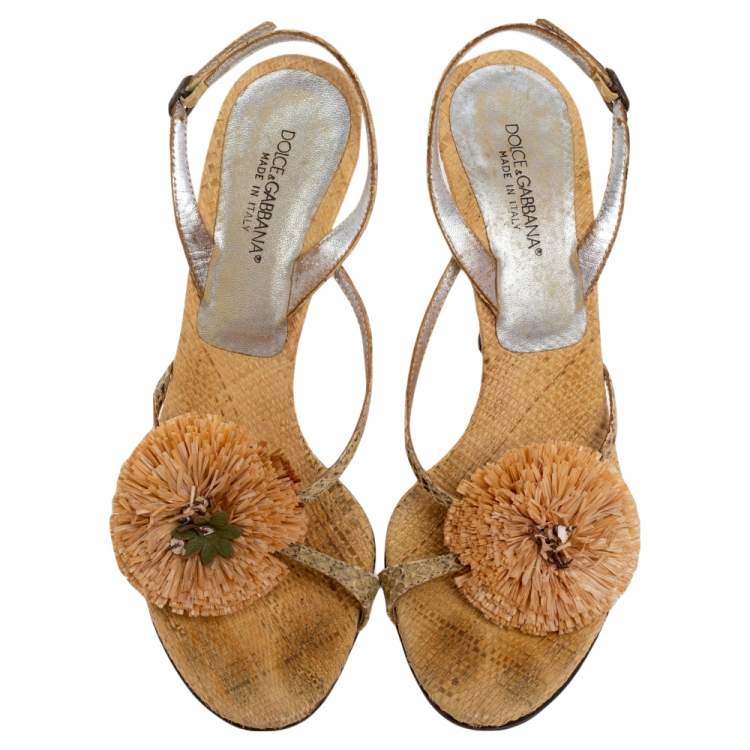 Pre Owned Dolce & Gabbana Beige Jute Fringe Sandals Size 37.5