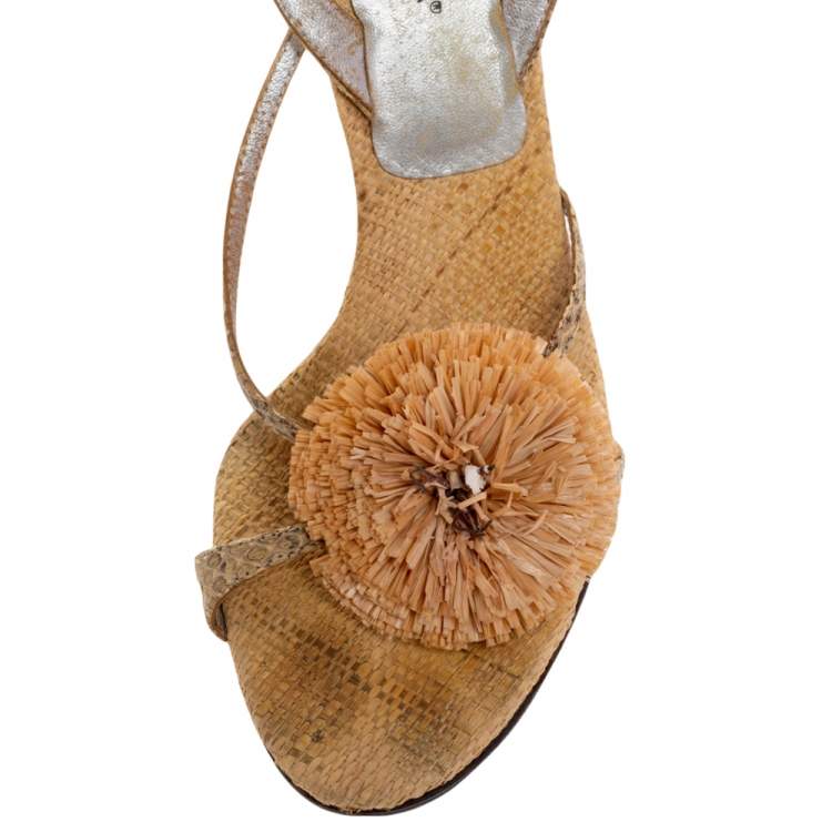 Pre Owned Dolce & Gabbana Beige Jute Fringe Sandals Size 37.5