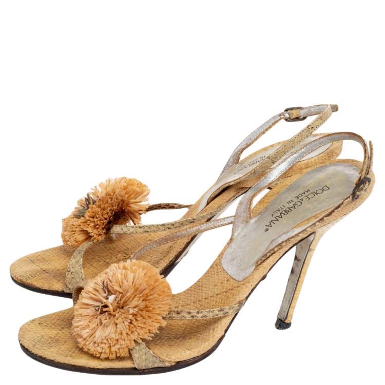 Pre Owned Dolce & Gabbana Beige Jute Fringe Sandals Size 37.5