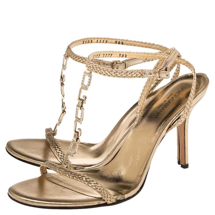 Pre Owned Dolce & Gabbana Gold Braided Leather Embellished T-Strap Sandals Size 38.5