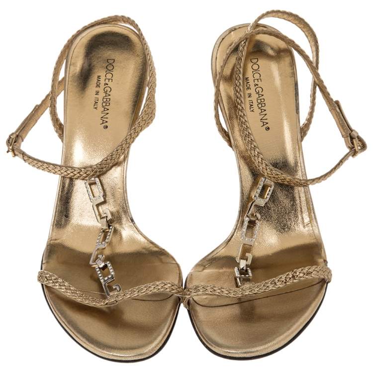 Pre Owned Dolce & Gabbana Gold Braided Leather Embellished T-Strap Sandals Size 38.5