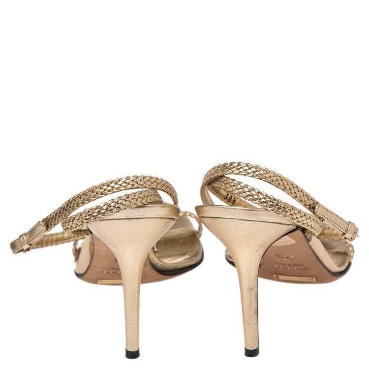 Pre Owned Dolce & Gabbana Gold Braided Leather Embellished T-Strap Sandals Size 38.5