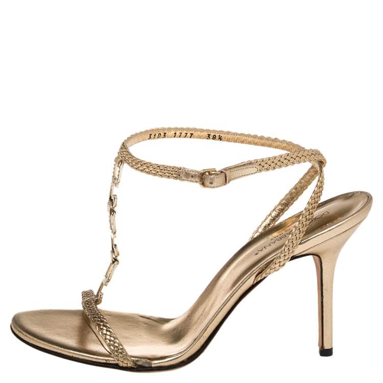 Pre Owned Dolce & Gabbana Gold Braided Leather Embellished T-Strap Sandals Size 38.5