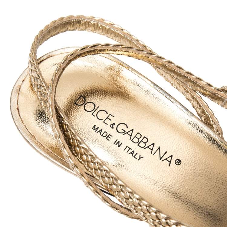Pre Owned Dolce & Gabbana Gold Braided Leather Embellished T-Strap Sandals Size 38.5