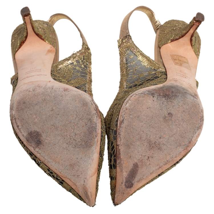 Pre Owned Dolce & Gabbana Gold Chantilly Lace & Leather Bellucci Slingback Pointed Toe Pumps Size 38