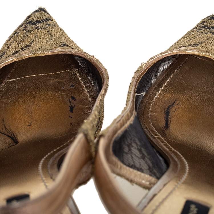 Pre Owned Dolce & Gabbana Gold Chantilly Lace & Leather Bellucci Slingback Pointed Toe Pumps Size 38