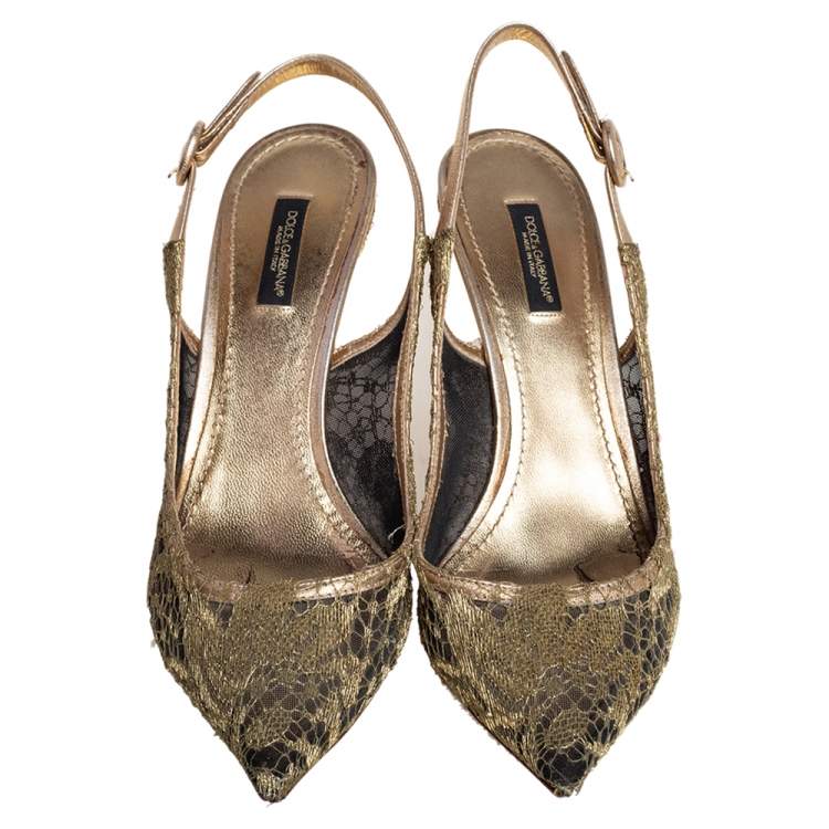 Pre Owned Dolce & Gabbana Gold Chantilly Lace & Leather Bellucci Slingback Pointed Toe Pumps Size 38