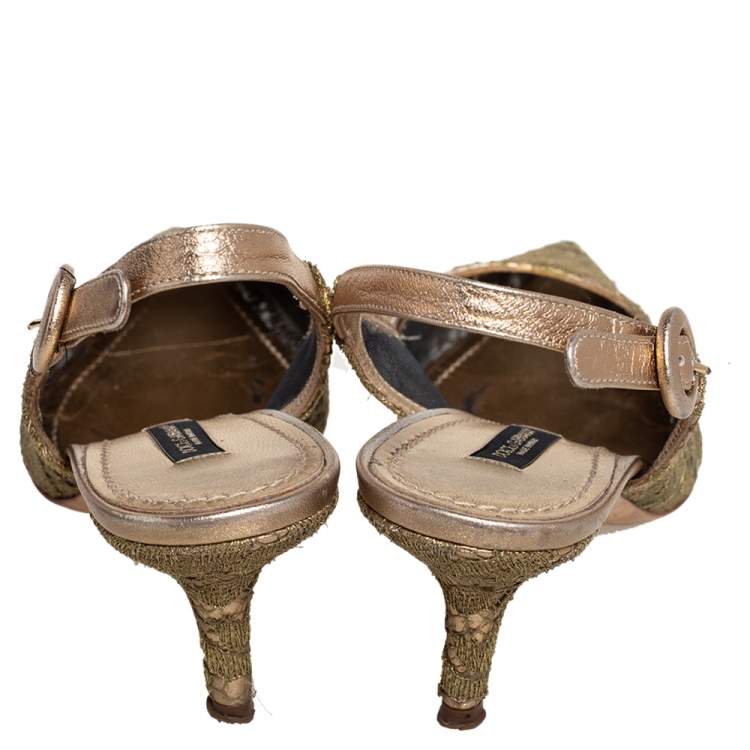 Pre Owned Dolce & Gabbana Gold Chantilly Lace & Leather Bellucci Slingback Pointed Toe Pumps Size 38