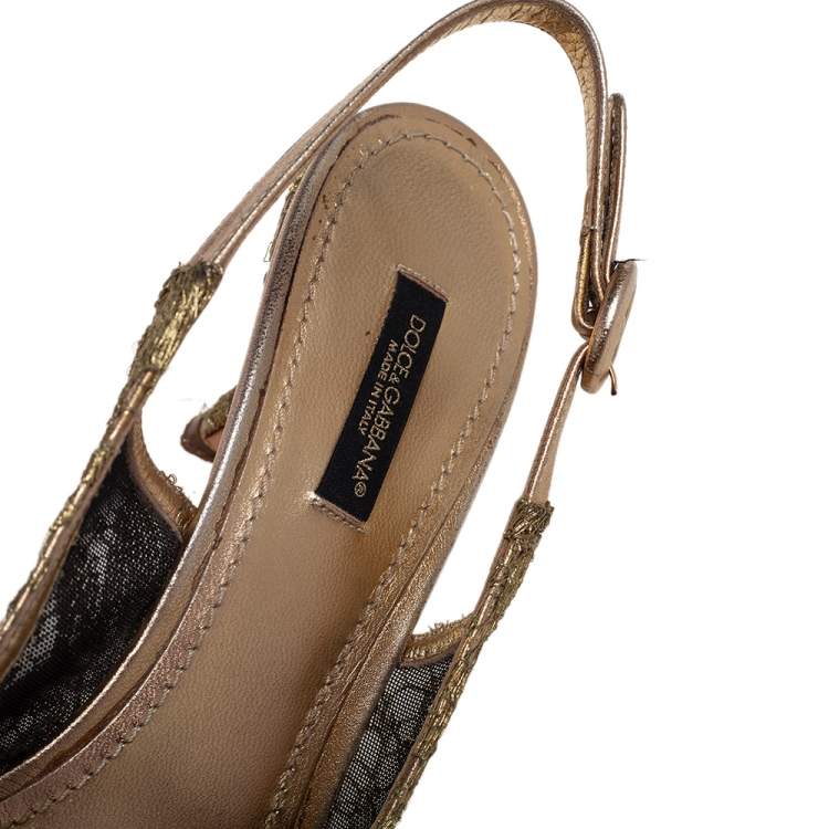 Pre Owned Dolce & Gabbana Gold Chantilly Lace & Leather Bellucci Slingback Pointed Toe Pumps Size 38