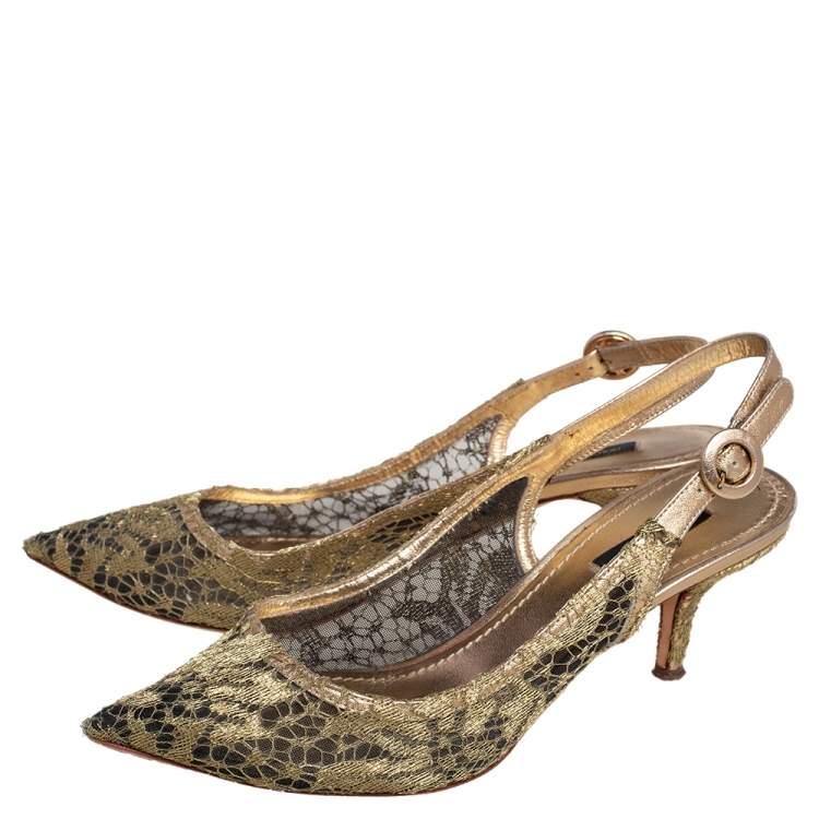 Pre Owned Dolce & Gabbana Gold Chantilly Lace & Leather Bellucci Slingback Pointed Toe Pumps Size 38