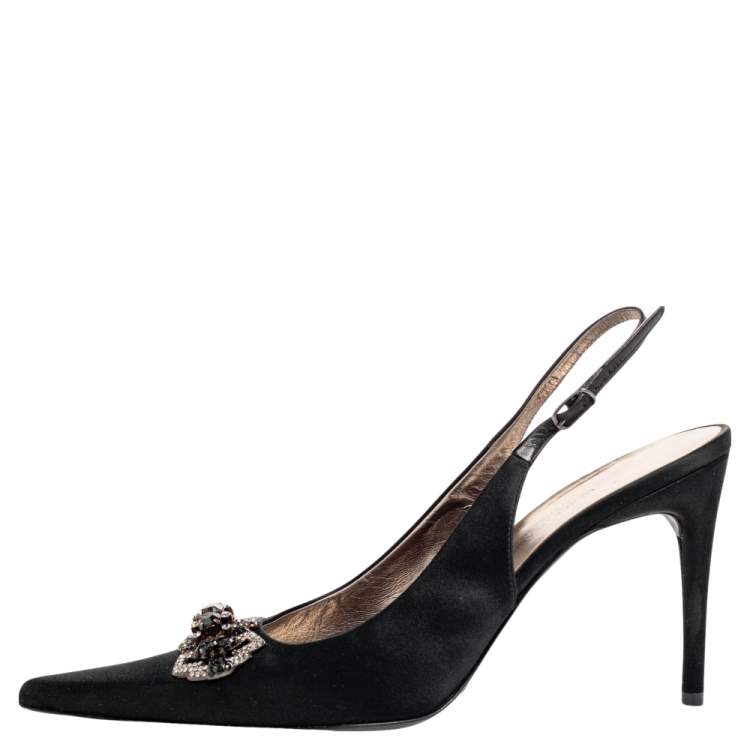 Pre Owned Dolce & Gabbana Black Satin Embellished Pointed Toe Slingback Sandals Size 38