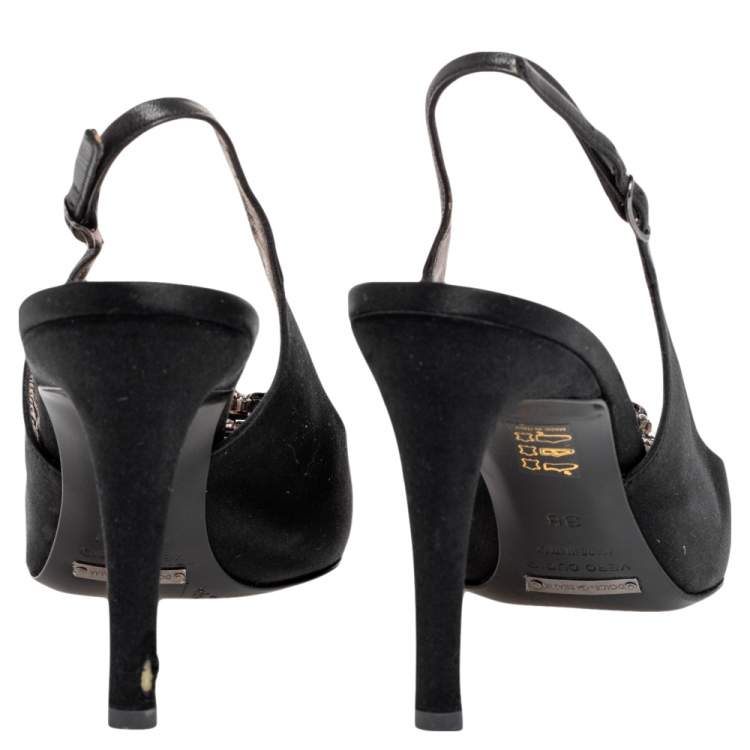 Pre Owned Dolce & Gabbana Black Satin Embellished Pointed Toe Slingback Sandals Size 38