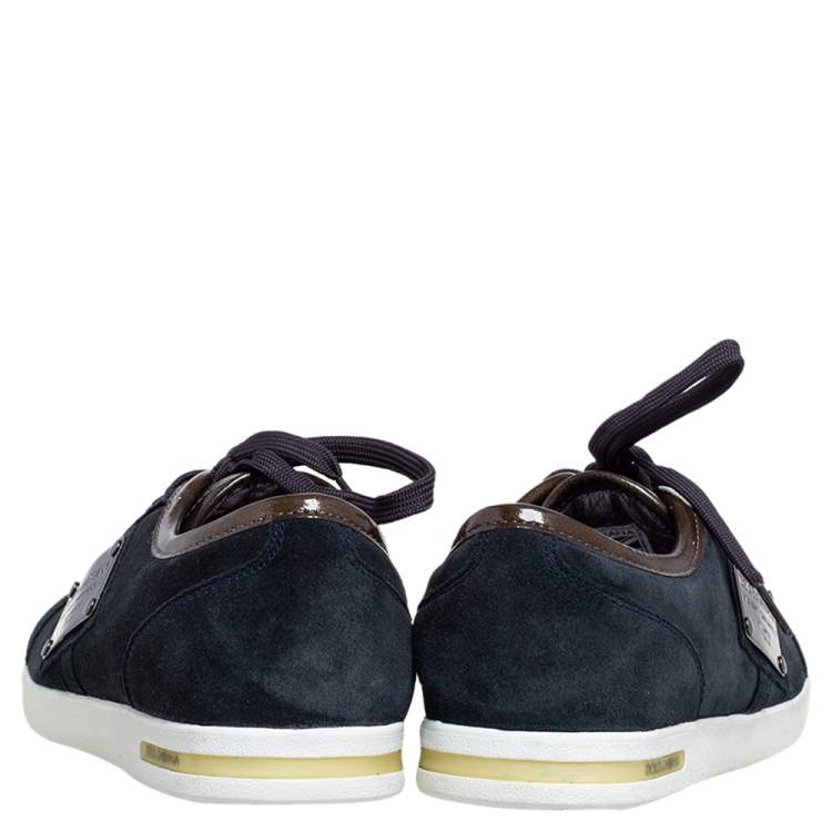 Pre Owned Dolce & Gabbana Navy Blue/Green Suede and Patent Leather Logo Plague Low Top Sneakers Size 40