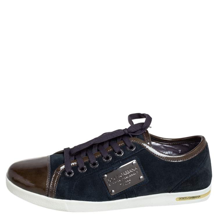 Pre Owned Dolce & Gabbana Navy Blue/Green Suede and Patent Leather Logo Plague Low Top Sneakers Size 40