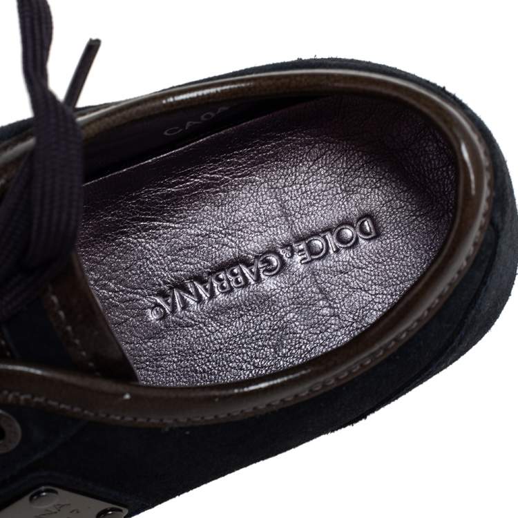 Pre Owned Dolce & Gabbana Navy Blue/Green Suede and Patent Leather Logo Plague Low Top Sneakers Size 40