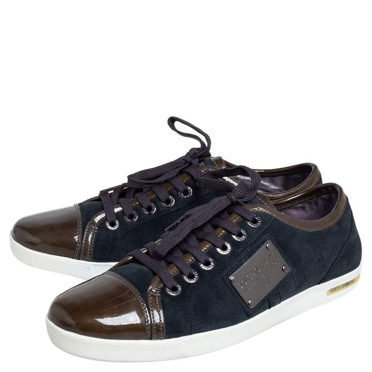 Pre Owned Dolce & Gabbana Navy Blue/Green Suede and Patent Leather Logo Plague Low Top Sneakers Size 40