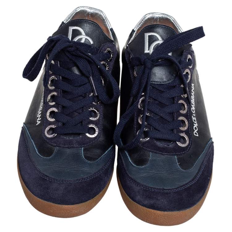 Pre Owned Dolce & Gabbana Navy Blue Leather and Suede Lace Up Sneakers Size 40
